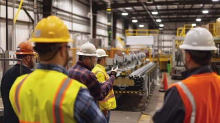 A wide shot of a training session for factory workers. The workers are all wearing safety gear. The trainer is demonstrating how to use a piece of equipment.