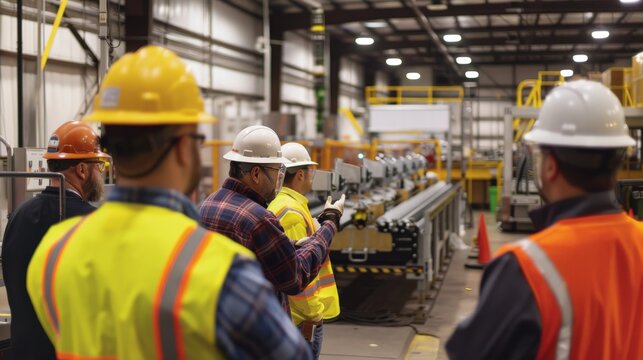 A wide shot of a training session for factory workers. The workers are all wearing safety gear. The trainer is demonstrating how to use a piece of equipment.