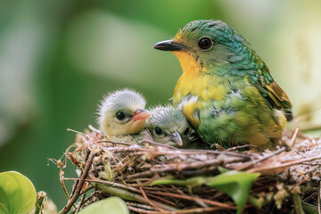 A green bird is caring for its young in its nest, cub feeding for growth