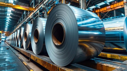 Detailed view of massive aluminum rolls in storage, showcasing the intricate organization of metal materials in the plant