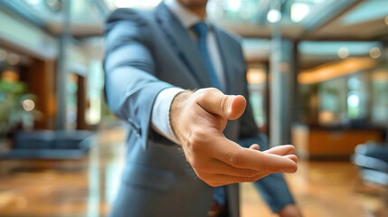 Close-up of a businessman extending his hand for a handshake in a modern office lobby.