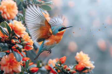 A colorful bird flying away from twigs in the wild, wildlife template