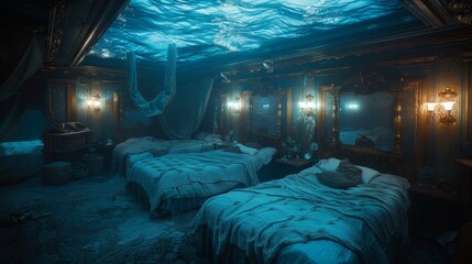 Detailed view of a room with neatly made beds and soft lights, blending into the dramatic scene of a ship sinking at sea