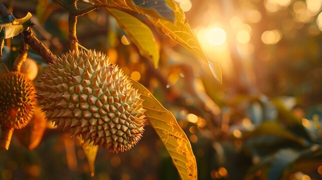 Golden Thai Monthong durian ready for picking, its spiky exterior glowing in the morning sun against a backdrop of lush foliage
