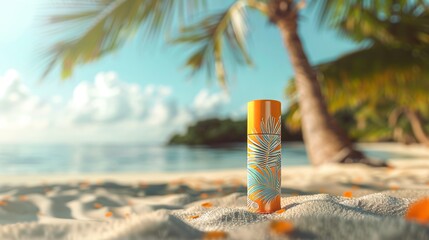 Detailed shot of an SPF lip balm, realistic textures and vibrant illustrations, sunlit with a blurred beach backdrop for advertising