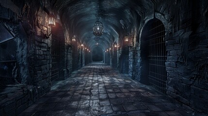 Detailed image of an ancient underground dungeon, dark corridors leading to barred cells, with mystical lighting, for nightmare concepts