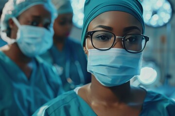 portrait of an African American female doctor, in a medical mask and glasses, against the backdrop of intensive care, people are blurred from behind