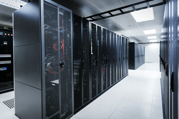 Modern data center interior with rows of servers
