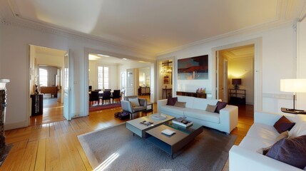 A wide-angle view of the apartment. The apartment is spacious and well-lit. The floors are made of wood, and the walls are painted white. The furniture is modern and stylish.