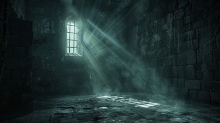 Close-up of a dark castle dungeon, a single beam of light illuminating the stone walls and casting eerie shadows across the floor