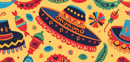 Vibrant Cinco de Mayo banner featuring sombreros and piatas, clean design, Ai Generated