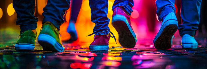 Close-up of feet wearing sneakers and colorful trousers.