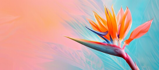 Vibrant Bird of Paradise, pastel blue backdrop for ads, high resolution, HDR