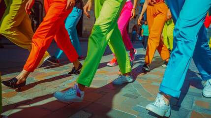 Close-up of feet wearing sneakers and colorful trousers.
