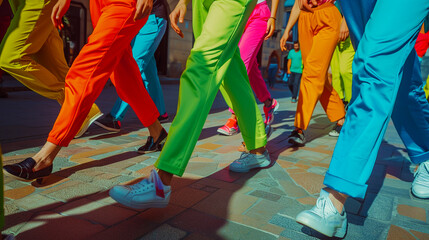 Close-up of feet wearing sneakers and colorful trousers. - Powered by Adobe
