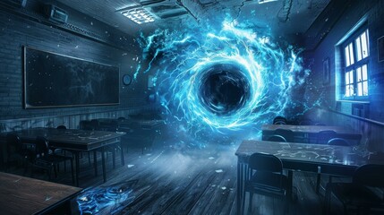 A magical desk in the classroom opens a gateway to a new dimension. AI Generated.