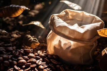 Coffee grains with coffee bag natural light