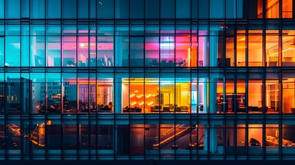 Modern colorful view of window frame. Abstract view of a building with huge windows. Minimal city view at night. Backdrop wallpaper.
