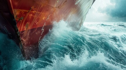 Intense close-up of a ship's bow sinking into the ocean, the stern rising as water swirls around the vessel - obrazy, fototapety, plakaty