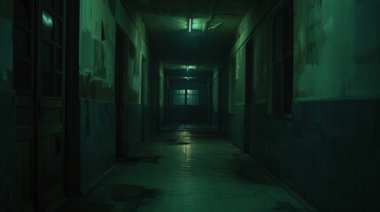 Intense close-up of a school hall reimagined as a nightmarish dungeon, dimly lit with long shadows and unsettling doorways