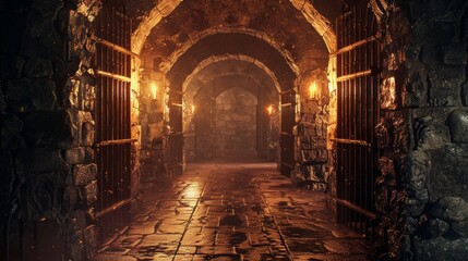 Fototapeta premium High-detail 3D illustration of a medieval dungeon with carved stone walls, rusty iron bars, and eerie torch-lit halls