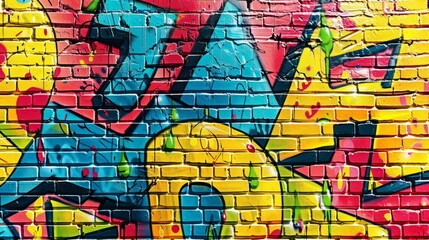 Graffiti street art design with colorful letters on a yellow brick wall background.