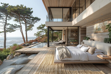 Minimalist Coastal Retreat with Light Wood Finishes and Modern Design, Illuminated by Warm Afternoon Light