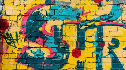 Graffiti street art design with colorful letters on a yellow brick wall background.