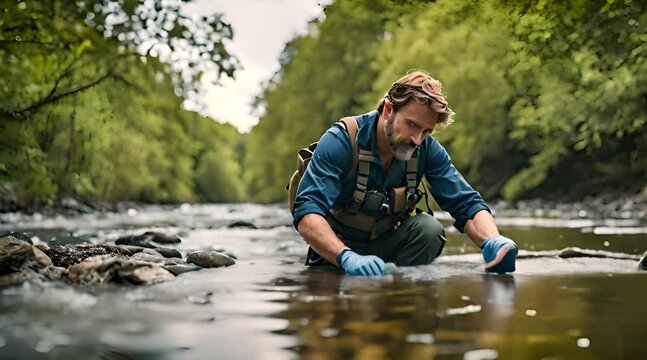 Biologin untersucht die Wasserqualit&auml;t eines Flusses
