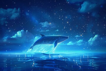 The depth of the sun through the water, the underwater world, the seabed. Sea fantasy, big whale, sperm whale. Night view.