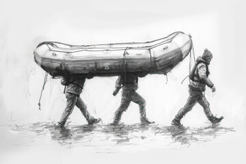 Pencil sketch illustration of people teamwork carrying inflatable boat