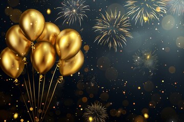 Fireworks and balloons in gold color on a black background. Place for text
