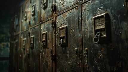 Locker cabinet close-up in a school dungeon, mystical symbols and dark lighting enhancing the nightmare atmosphere