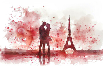 Red watercolor paint of couple in love kissing by the eiffel tower