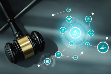 Smart law, legal advice icons and lawyer working tools in the lawyers office showing concept of...