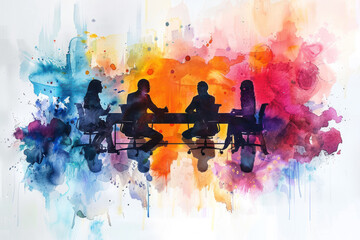 Colorful watercolor paint of group people discussion on business meeting