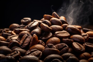 Pile of roasted coffee beans front view