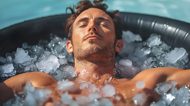 young caucasian man taking an ice bath on tub, outdoors, cryotherapy, athlete's recovery