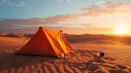 camping in the middle of the desert on a beautiful sunset in high resolution and quality