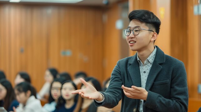 The student is giving a presentation to the class. They are speaking clearly and confidently. The student is well-prepared and enjoys sharing their knowledge with others.
