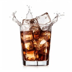 Refreshing cola glass with ice cubes dropping, isolated on white, Ai Generated