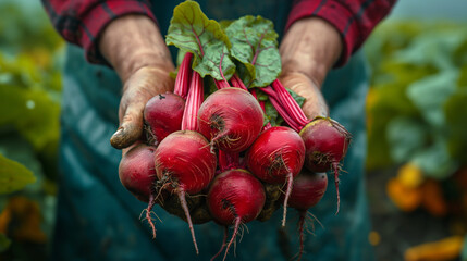 Closeup of a farmer's hand holding a bunch of freshly picked beets from the vegetable garden