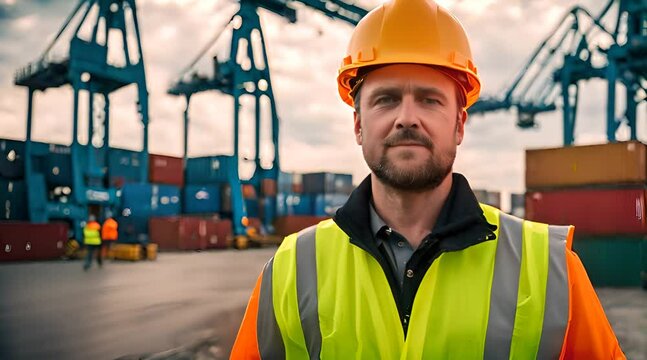 Arbeiter in Warnweste steht am Frachthafen