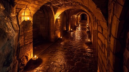 Intimate view of a labyrinthine medieval dungeon, lit by flickering torches casting long, ominous shadows along the passage