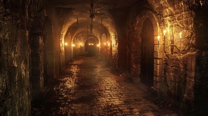 Intimate view of a labyrinthine medieval dungeon, lit by flickering torches casting long, ominous shadows along the passage