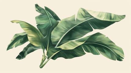 Watercolor illustration of large banana leaves, soft green and beige tones, beige background, high resolution, intricate details.