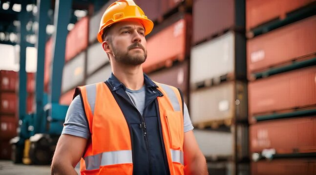 Arbeiter in Warnweste steht am Frachthafen