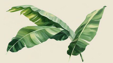 Watercolor illustration of large banana leaves, soft green and beige tones, beige background, high resolution, intricate details.