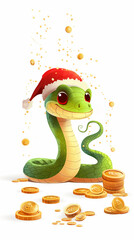 Obraz premium Happy smiling green snake in Santa hat surrounded by coins on white background with copy space. Symbol of the 2025 new year. Year of the Snake