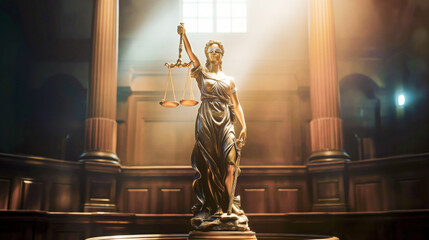 Full length statue of Lady Justice in the rays of the sun against the backdrop of the courtroom with copy space